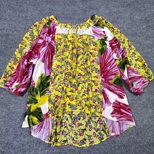 Figueroa & Flower Yellow Floral Purple Hibiscus Lace Boho Blouse Women Large
